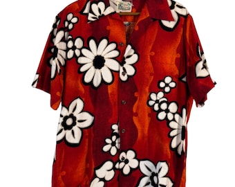Vintage Hawaiian Shirt Red Floral Aloha Shirt Mens Medium Island Casuals Waikiki Tropical Button Up Vintage Resort Wear Retro Vacation Style