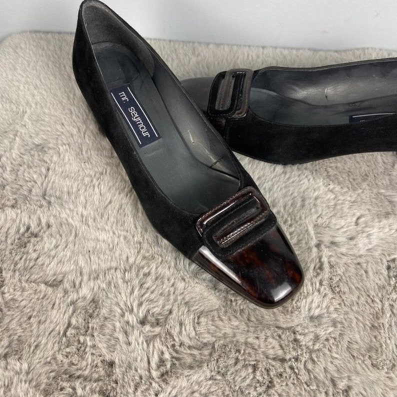 Vintage 90s Mr Seymour Black Velvet & Tortoise Shell Square Toe Pumps image 2