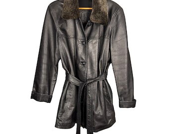 Vintage 90s Black Leather Belted Trench Coat with Removable Faux Fur Collar – The Olde Hide House – Women’s Large – Made in Canada