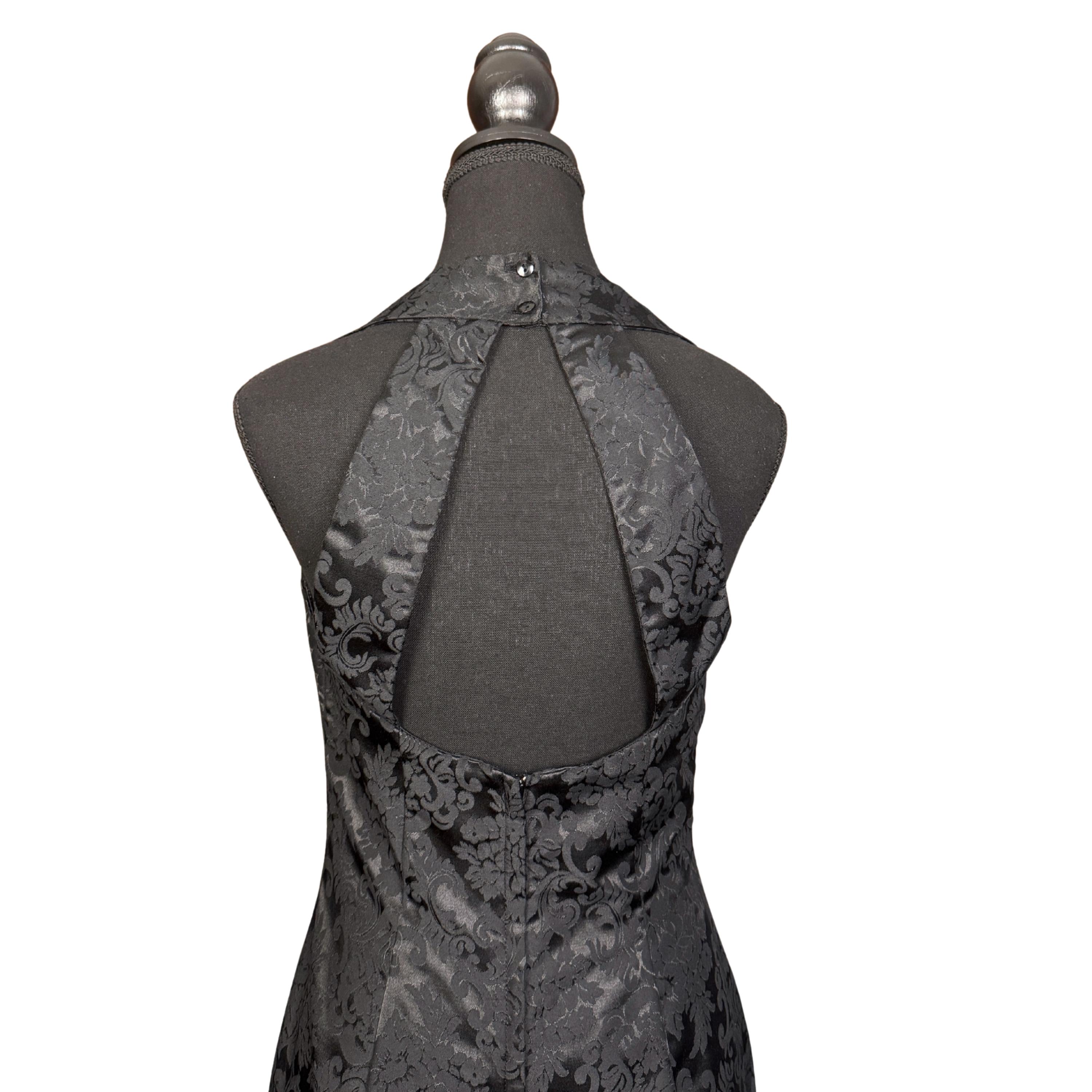 Vintage 90s Jessica McClintock, Halter Mini Dress, Black Brocade Floral Whimsigoth Cocktail Dress