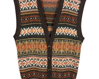 Gilet vintage Fair Isle, taglia grande, stile Woodland Grandpa, cardigan lavorato a maglia, stile retrò eclettico, con bottoni sul davanti, stile boho, tonalità della terra