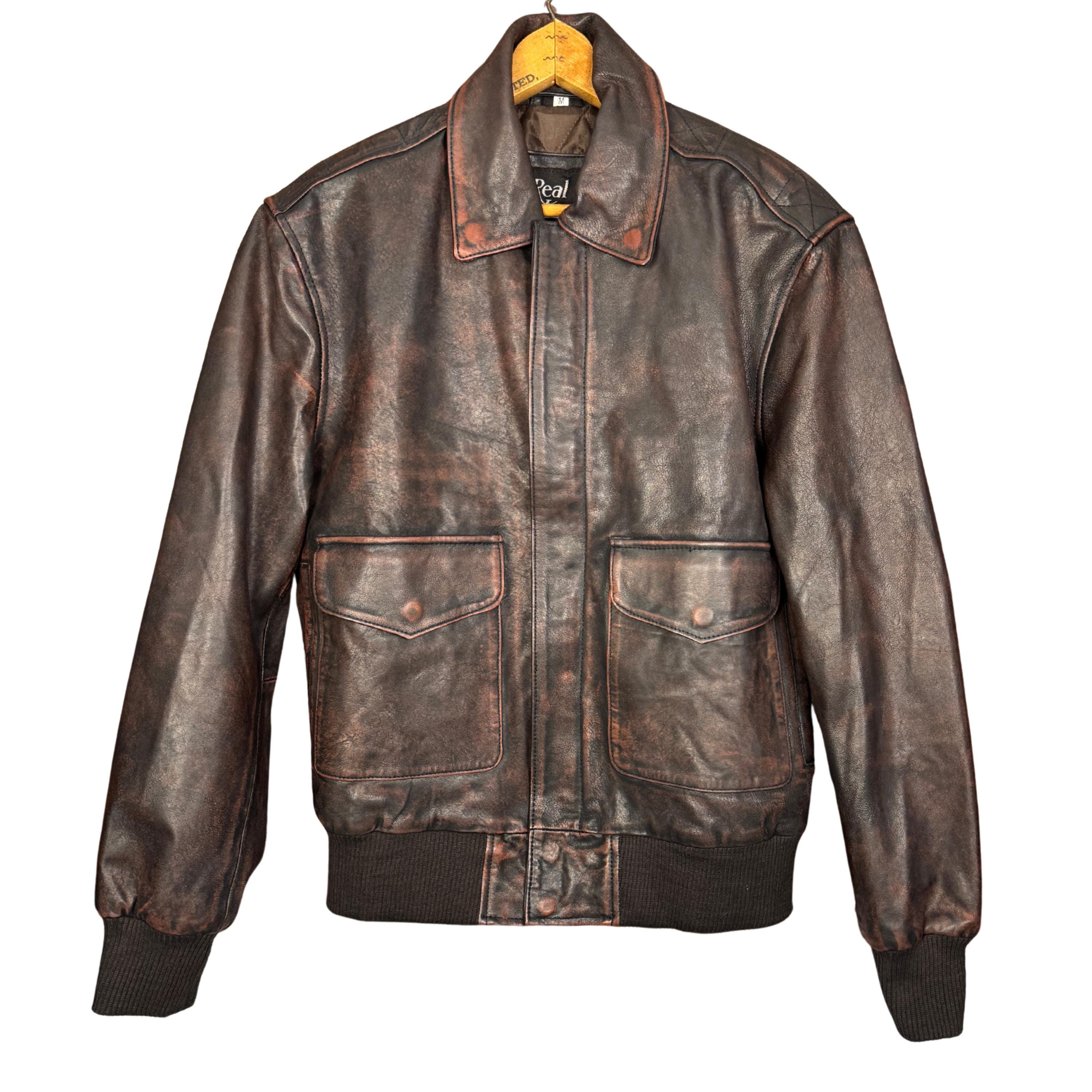 Vintage Real Leather Bomber Jacket Medium, Distressed Brown