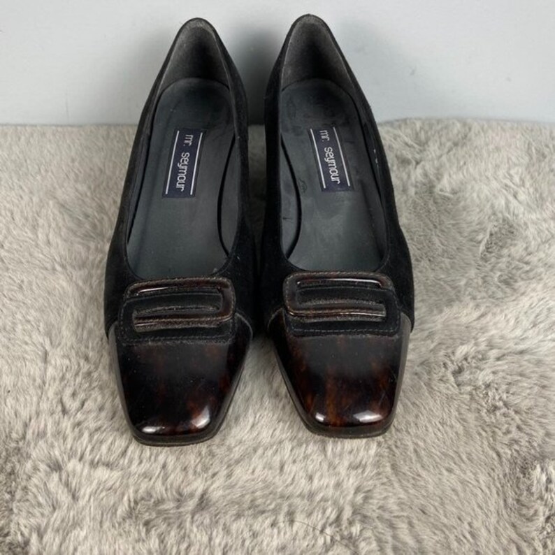 Vintage 90s Mr Seymour Black Velvet & Tortoise Shell Square Toe Pumps image 9