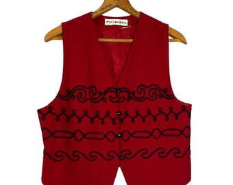 Elegant Red Pure Wool Vintage Vest with Decorative Black Embroidery, Chic Formal
