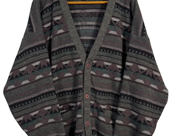 Vintage Tip Top Tailors Cardigan XL, 90s Grandpa Sweater, Canadian Knit Cardigan, Geometric Pattern, Oversized Button Up