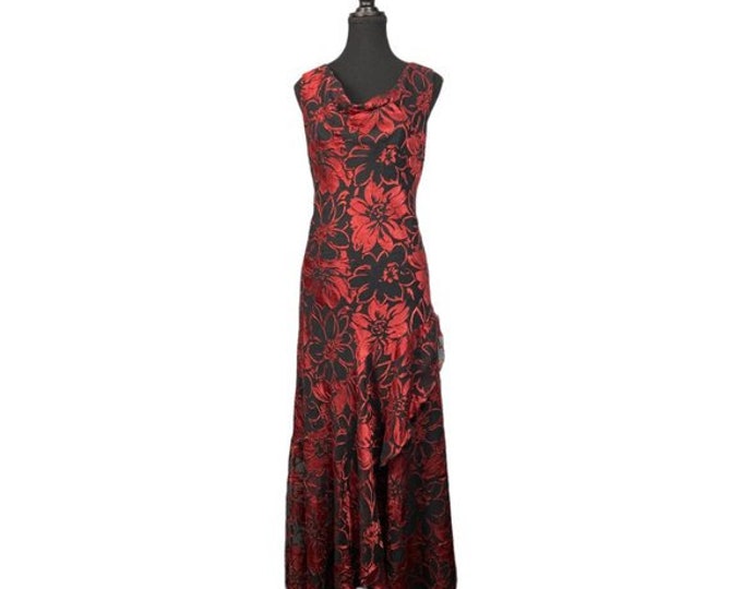 Vintage 90s Red & Black Floral Cowl Neck Ruffle Maxi Dress Gown