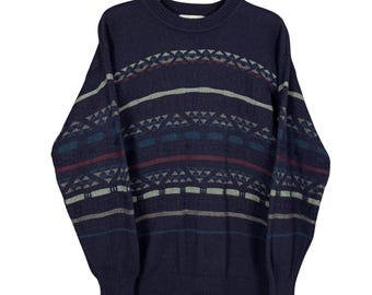 Maglione vintage anni '90 blu navy stile nonno, Western Indie, pullover in maglia stile ranchcore blu geometrico girocollo taglia M