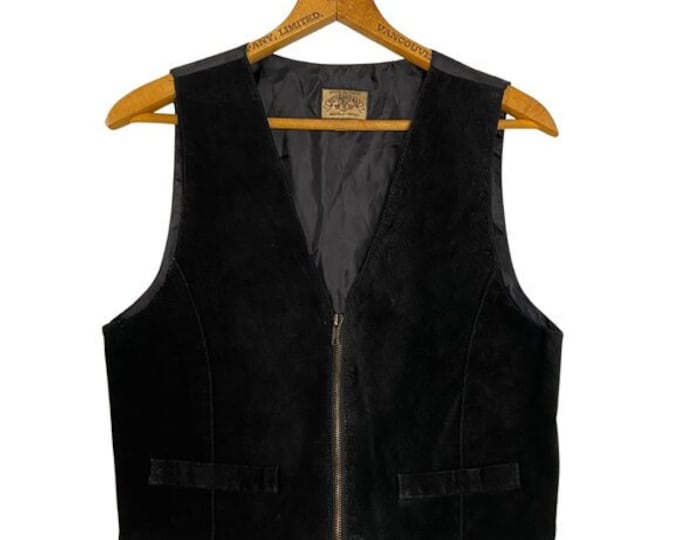 Vintage Black Suede Leather Vest with Zippered Front, Western Goth Aesthetic