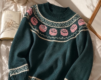 Vintage 90s Rose Knit Sweater Cottagecore Floral Pullover Bookish Granola Girl Woodland Fairycore Botanical Knitwear