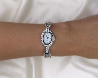 Vintage Ma Bella Crystal Watch Dainty Silver Bracelet Watch Y2K Glam Rhinestone Dress Watch Gift for Her