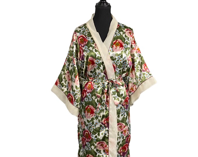 Vintage 90s Satin Floral Robe, Colorful Spring Blossom Kimono, Women's Lightweight Loungewear, Floral Print Dressing Gown, Size M