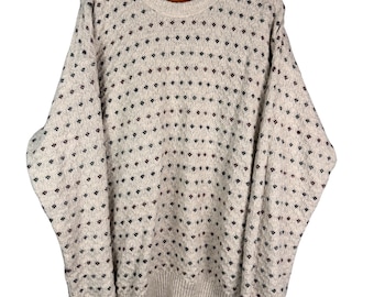 Vintage 90s Beige Knit Grandpa Sweater, Cotton Blend, Crewneck, Indie Aesthetic, Granola Girl Knit