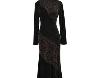 Vintage 90s Black Slinky Maxi Dress, Gold Shimmer Glam Dress, Long Sleeve Evening Dress, Y2K Party Dress, Femme Fatale