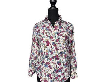 90s Silk Floral Blouse: Vintage Rose Print Button-Up Shirt