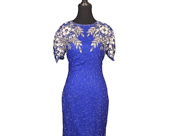Vintage Silk Beaded Cocktail Dress Royal Blue Beaded Dress Petite Vogue Evening Dress 80s Formal Party Dress Small