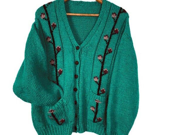 Vintage Handknit Fuzzy Cherry Blossom Cardigan, Vibrant Teal Green Sweater