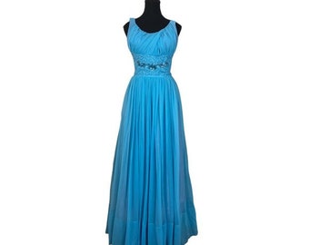 Vintage 1960s Blue Beaded Full Length Gown | Prom Dress | Formal Wear | Ruched | Beading | Classic | Cinderella | Princesscore