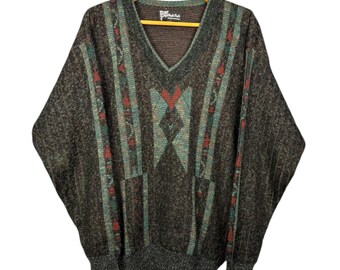 Vintage 90s Forest Green Grandpa Sweater, V-Neck, Wool Blend, Woodland Clothing