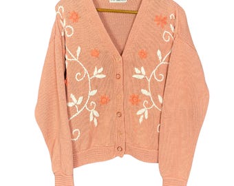 Soft Pink Floral Embroidered Cardigan Coquette Cottagecore Knit Sweater Medium Whimsical Feminine Vintage Style Button Up Pullover