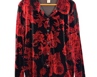 Vintage Black Red Floral Velvet Blouse, 90s Velvet Shirt, Whimsigoth Gothic Romantic Button Up, Holiday Velvet Top