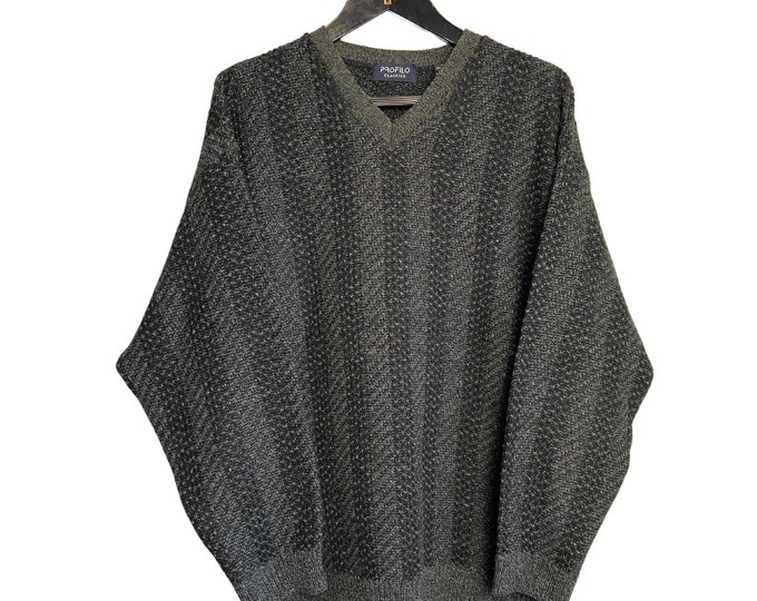 Vintage Profilo Classics Sweater - Charcoal Grey Acrylic Knit Pullover - Made in Canada - Large - Dark Academia Aesthetic, Grandpa Sweater