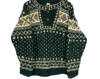 Ark Imports Vintage Nordic Pattern Wool Sweater - Forest Green & Cream