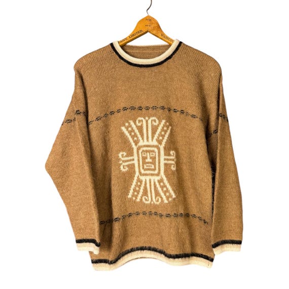 トップス 90s Native pattern alpaca knit sweater Vintage 90s Alpaca Wool, Neutral Knit Sweater, Aztec Pattern
