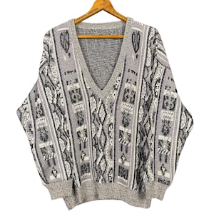 Vintage 90s Geometric Knit Grandpa Sweater - Purple Grey Oversized Pullover