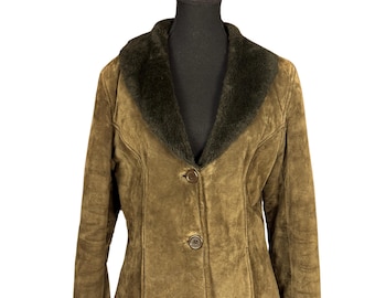 Vintage Olive Green Leather Jacket, Danier Shearling Coat, Indie Cowgirl Jacket, Western Mob Wife Chic Coat, Genuine Leather