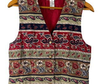 Vintage 90s Floral Paisley Cotton Vest Cottagecore Western Festival Indie Boho Button Front Waistcoat, Aesthetic Clothing