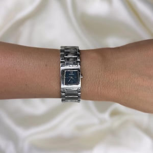 Vintage 90s Fossil Watch: Navy Blue Square Face, Stainless Steel Bracelet