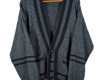 Vintage Men's Grandpa Cardigan Muted Blue Knit Button Front Sweater Old Money Preppy Minimalist Oversized Medium