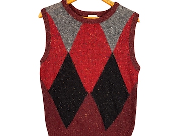 Gilet vintage in maglia a rombi, misto lana, stile preppy, accademico, grunge anni '90, stile a strati, gilet da nonno a quadri rossi