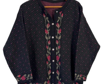 Vintage Black Floral Cardigan Sweater, 90s Rose Knit Button Up, Romantic Cottagecore Cardigan, Embroidered Style Fall Sweater