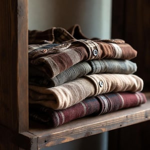 Peut inclure: Une pile de quatre chemises à manches longues boutonnées et pliées, présentant divers motifs à carreaux. Les chemises arborent des tons terreux, notamment brun foncé, vert olive, beige clair et bordeaux, avec des boutons visibles.