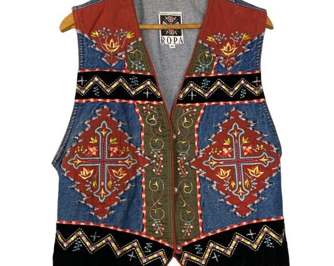 Vintage 90s Hairston Roberson Ropa Embroidered Denim Vest, Southwest Boho Style, Coastal Cowgirl, Whimsigoth