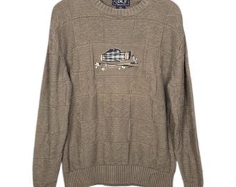 Vintage 90s Golf Sweater, Embroidered Detail, Neutral Greige Knit, Cotton Crewneck