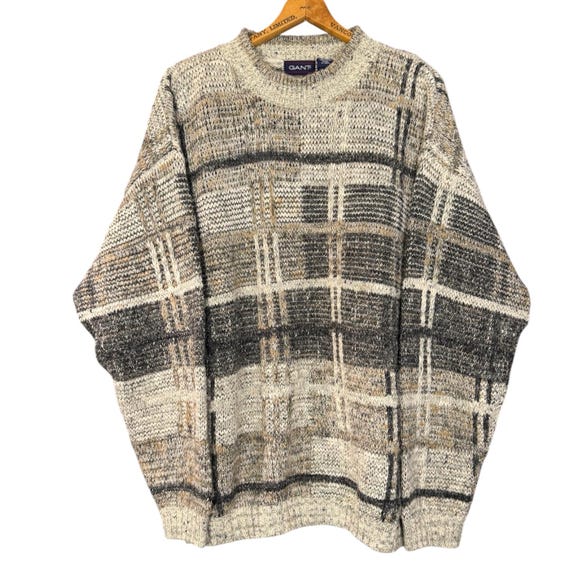 Cable Knit Sweater Aesthetic Grandpa Sweater Vintage Neutral Plaid