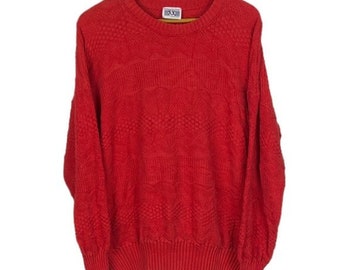 Vintage 90s Sport Lite Red Crewneck Textured Geometric Knit Normcore Cotton Sweater