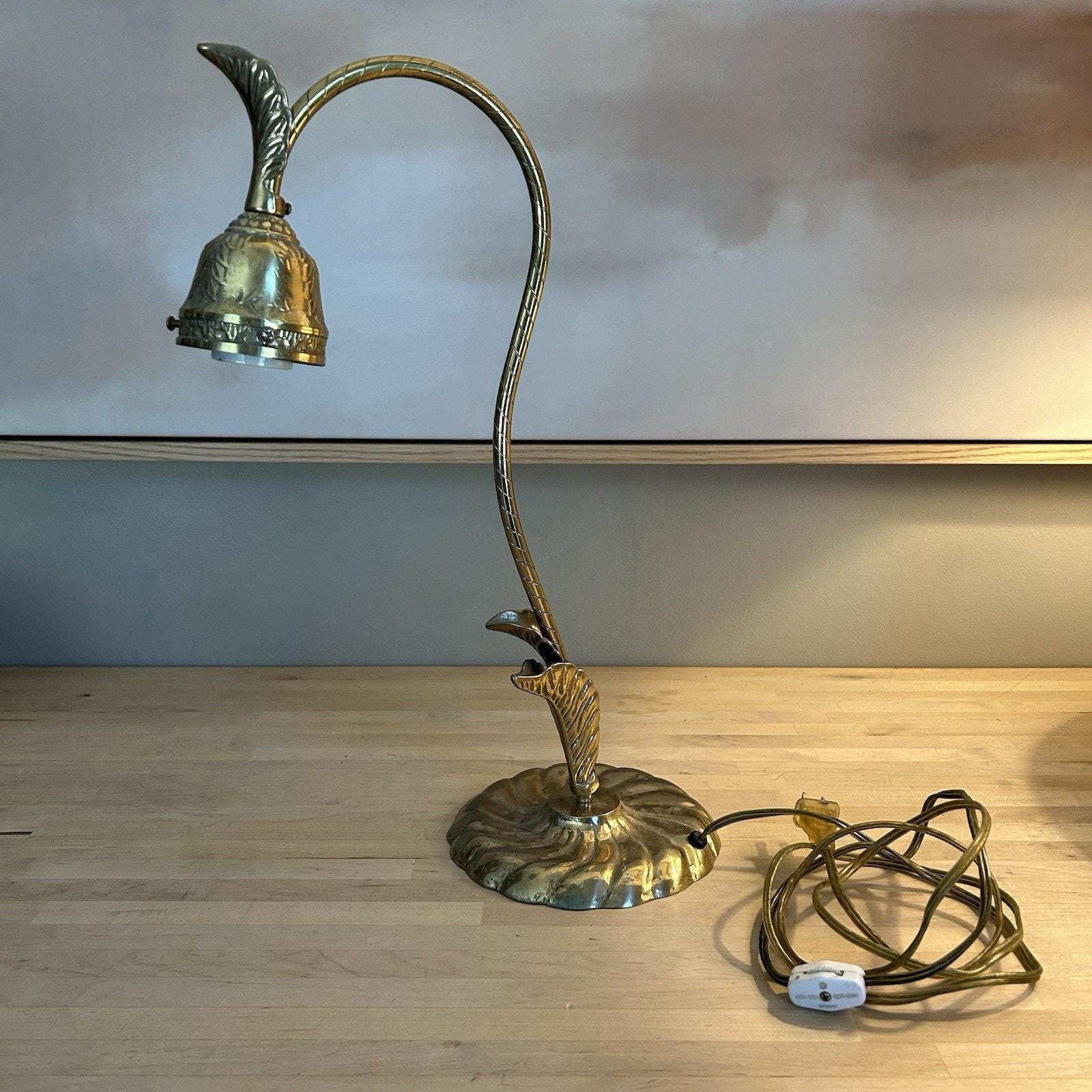 Vintage Brass Gooseneck Desk Lamp Floral Leaf Motif Tested Works