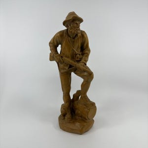 Black Forest Wood Carved Hunter with Rifle & Dog Figurine 9” Vintage Germany