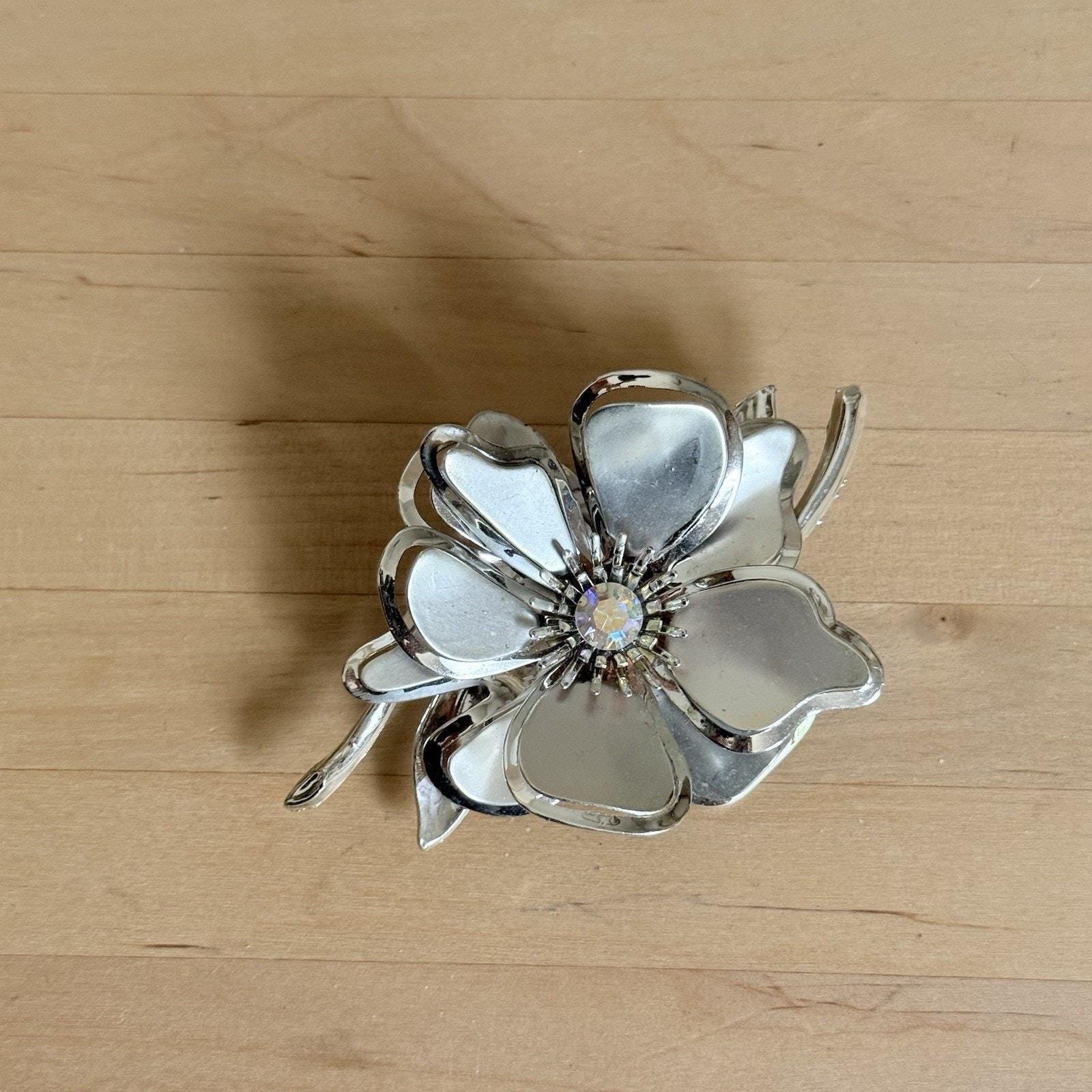 Vintage Silver Tone Flower Brooch 3” Layered Petals AB  display picture 1