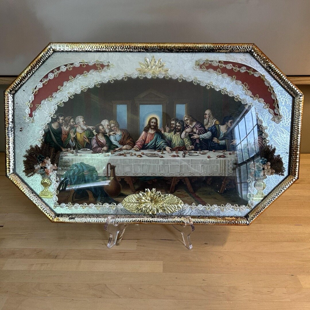 Vintage Last Supper Wall Plaque Jesus Foil Flowers Fabric Glass ...