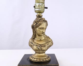 Vintage Neoclassical Goddess Bust Table Lamp Heavy Gold Gilt Greek Roman Lady