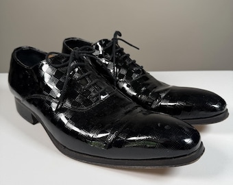 Morgan Italy Mens Black Patent Leather Oxford Dress Shoes Checkerboard 12
