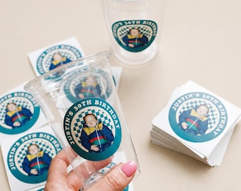 Custom 30th Birthday Stickers - Personalized 30th Birthday Decorations - Retro Face Stickers Cup Stickers Labels