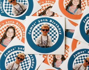 May include: A selection of birthday stickers with photos of children wearing sunglasses. The stickers are in blue and orange, with the text "James' 30th Birthday" and "Keet's 30th Birthday" arranged in a circular format.