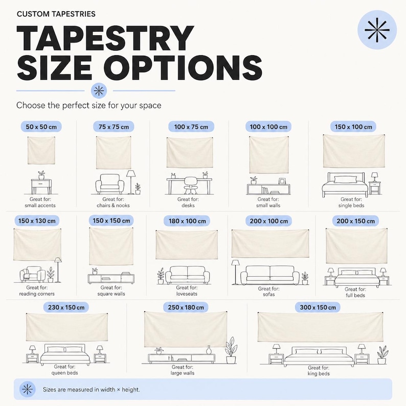 May include: A custom tapestry size guide chart featuring black text and line drawings of furniture. The chart displays various rectangular tapestry dimensions in centimeters, ranging from 50 x 50 cm to 300 x 150 cm, with labels indicating the width and height.