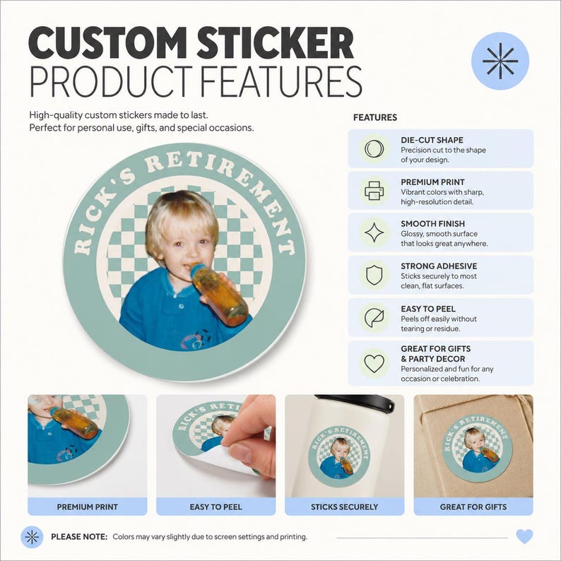 May include: Custom round sticker with the text "RICK'S RETIREMENT" around a photo of a child. The sticker has a die-cut shape, premium print, smooth finish, strong adhesive, and is easy to peel. Great for gifts and party decor.