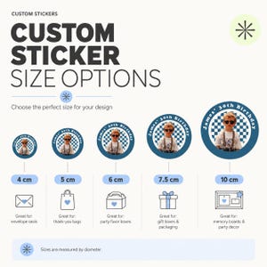 May include: Custom sticker size options graphic. The text reads "CUSTOM STICKER SIZE OPTIONS". Includes circular stickers with a photo of a child, ranging from 4 cm to 10 cm in diameter. Suggested uses include envelope seals, thank-you bags, and party favor boxes.